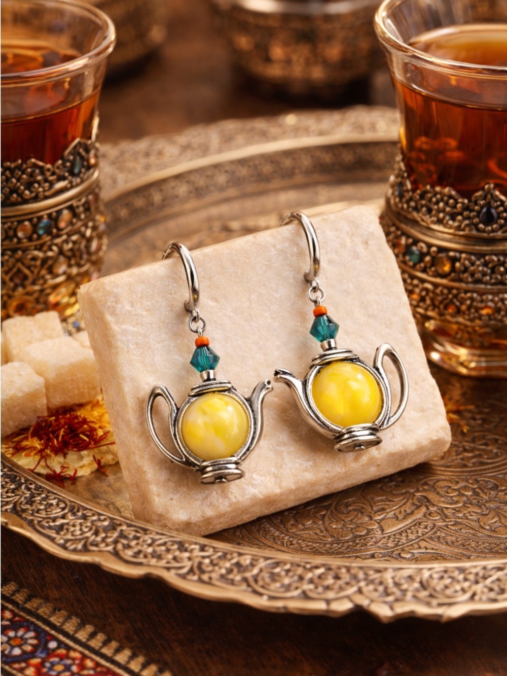Handmade Antique Silver Teapot Earrings Whimsical Dangle Jewelry with Beads, MTO - Picture 4 of 11